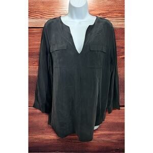 Joie Black Silk Blouse Sz Small Long-Sleeve V-Neck Pockets Designer Top